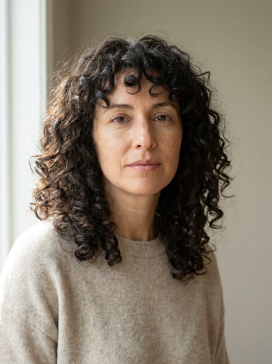 Natürliche Spiral-Locken mit soften Layers - Locken Frisur mittellang